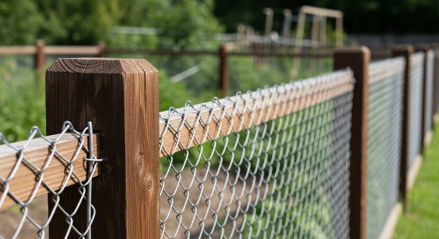 chain link fence with wood posts