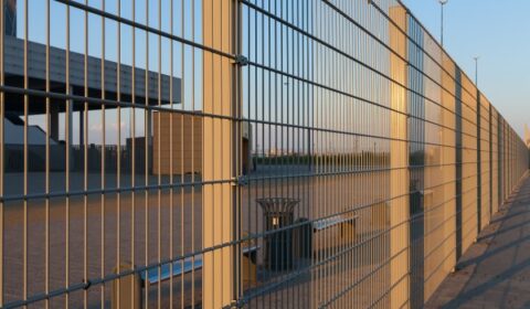 Commercial security fencing protecting a business property.