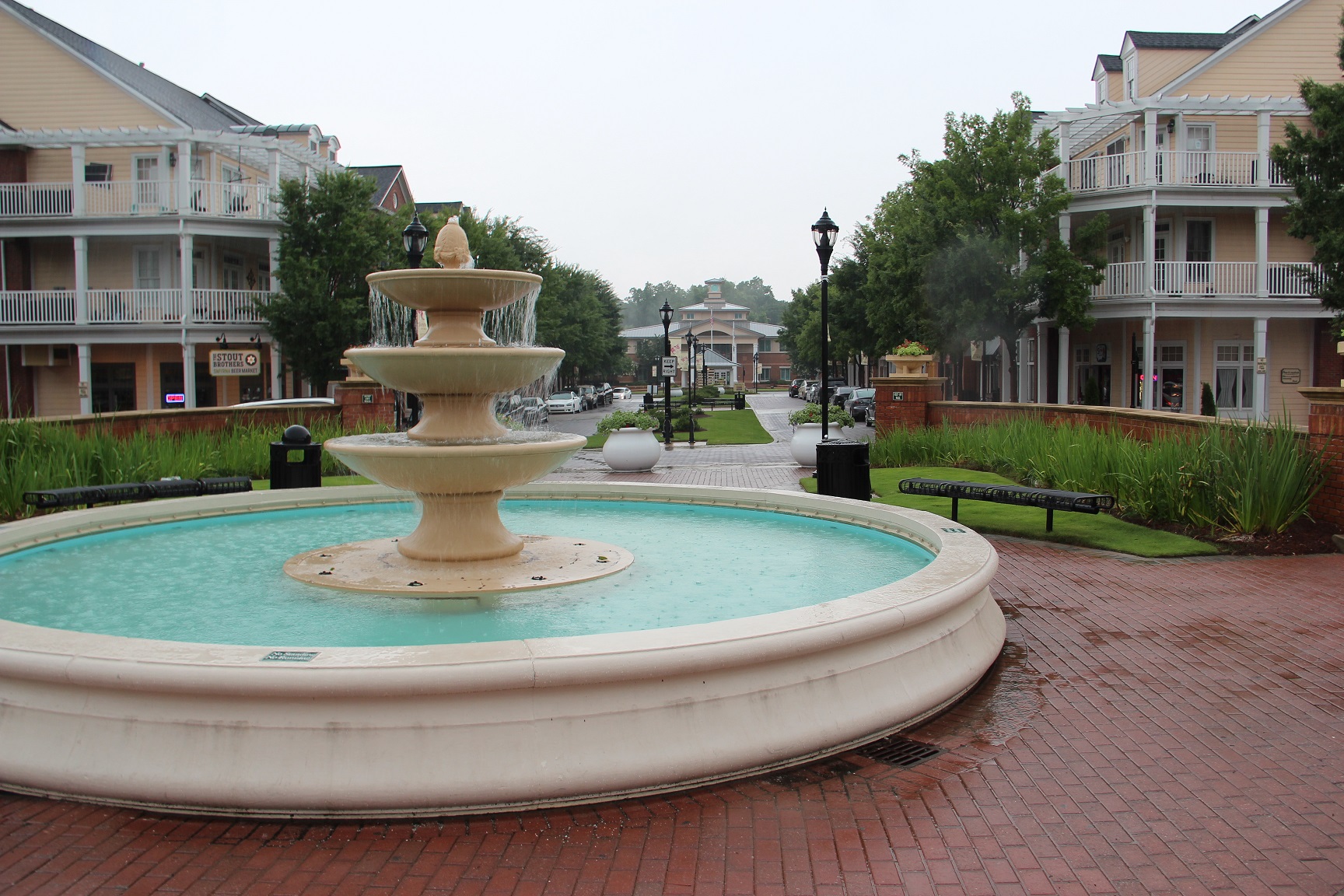 A large fountain in front of the Smyrna Market Village