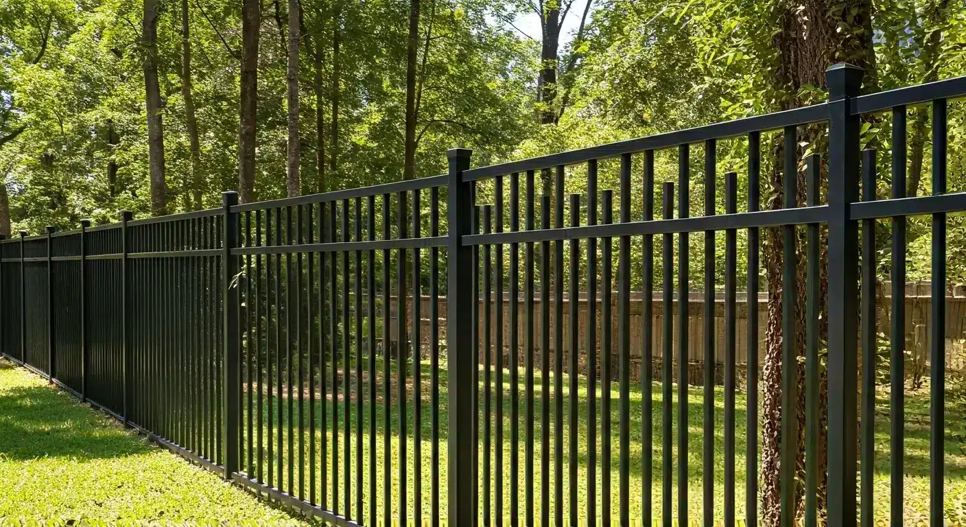 Capped wood privacy fence with dado-post design.