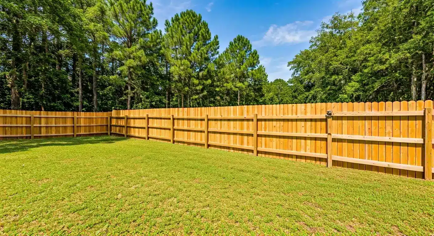 Capped wood privacy fence with dado-post design.