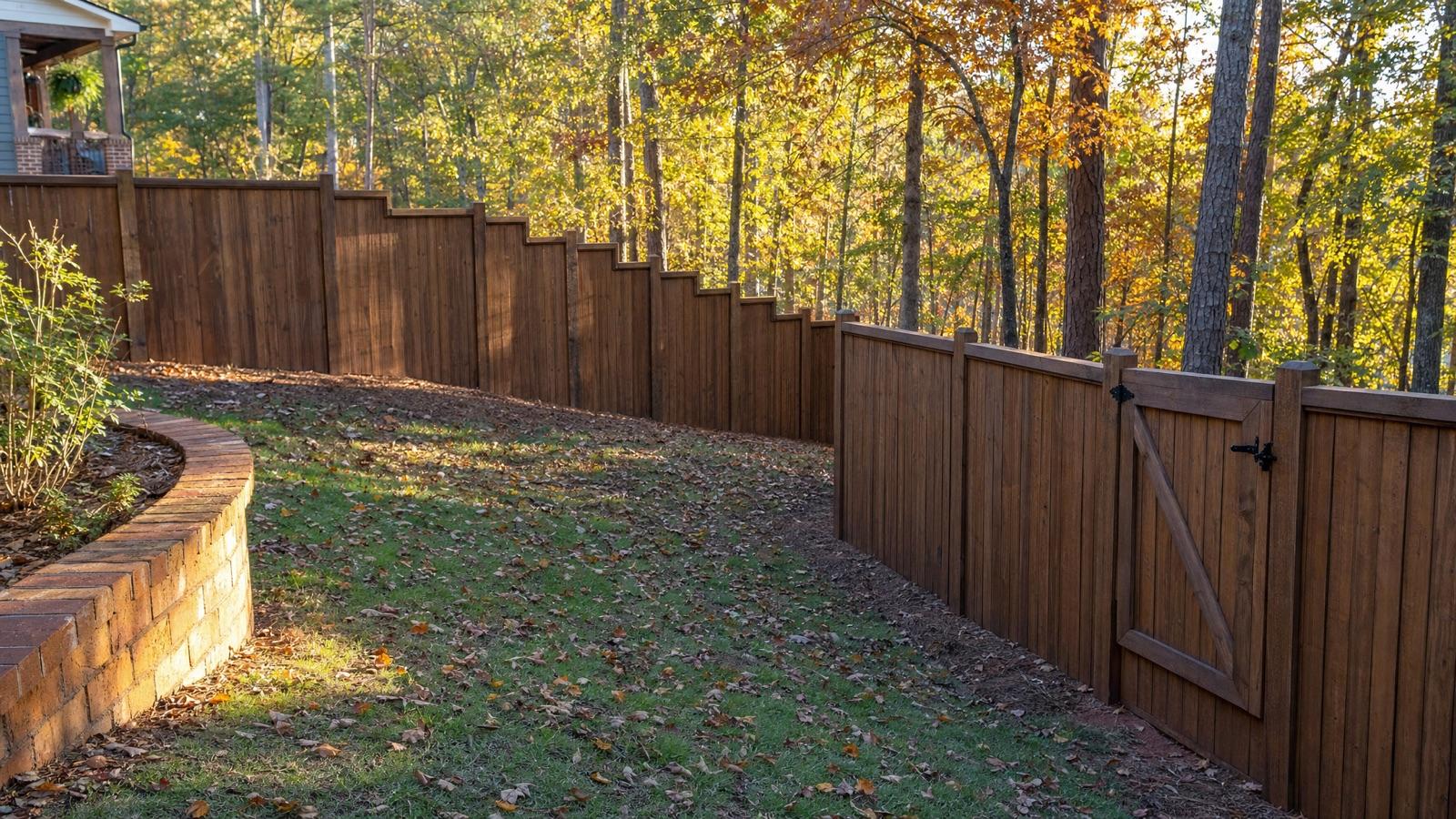 Custom wood privacy fence following a sloped wooded boundary with a matching gate and stone retaining wall