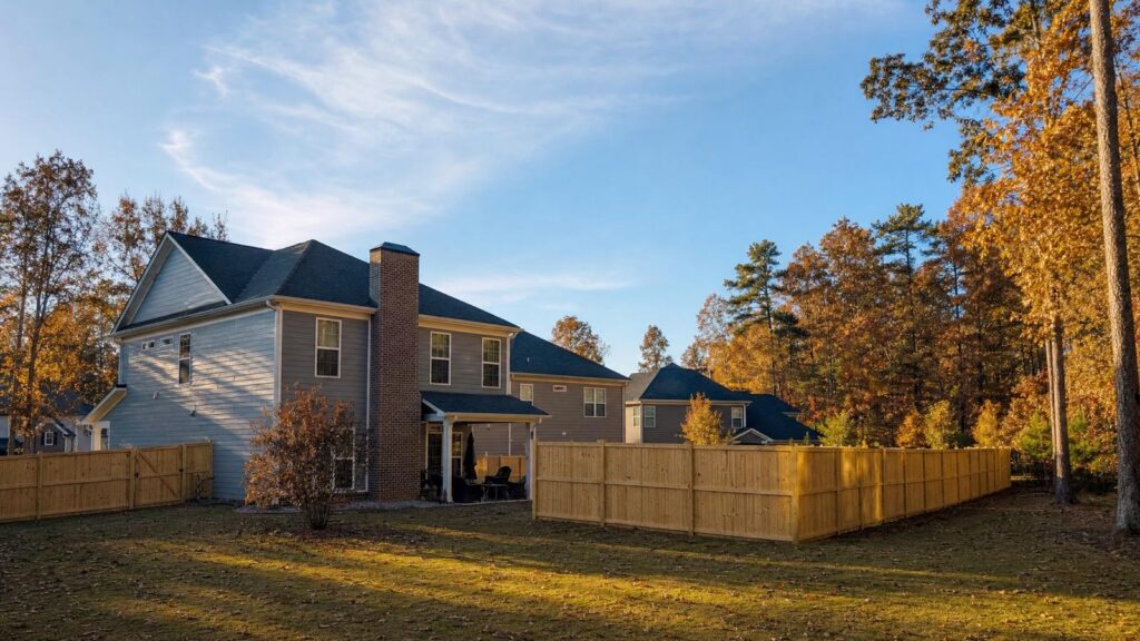 New wood privacy fence enclosing the back yard of a North Georgia home on a clear autumn morning