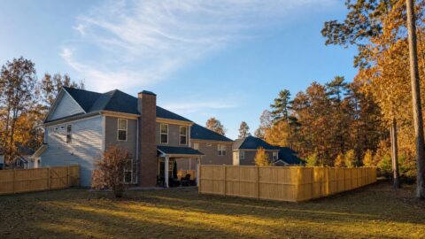 New wood privacy fence enclosing the back yard of a North Georgia home on a clear autumn morning