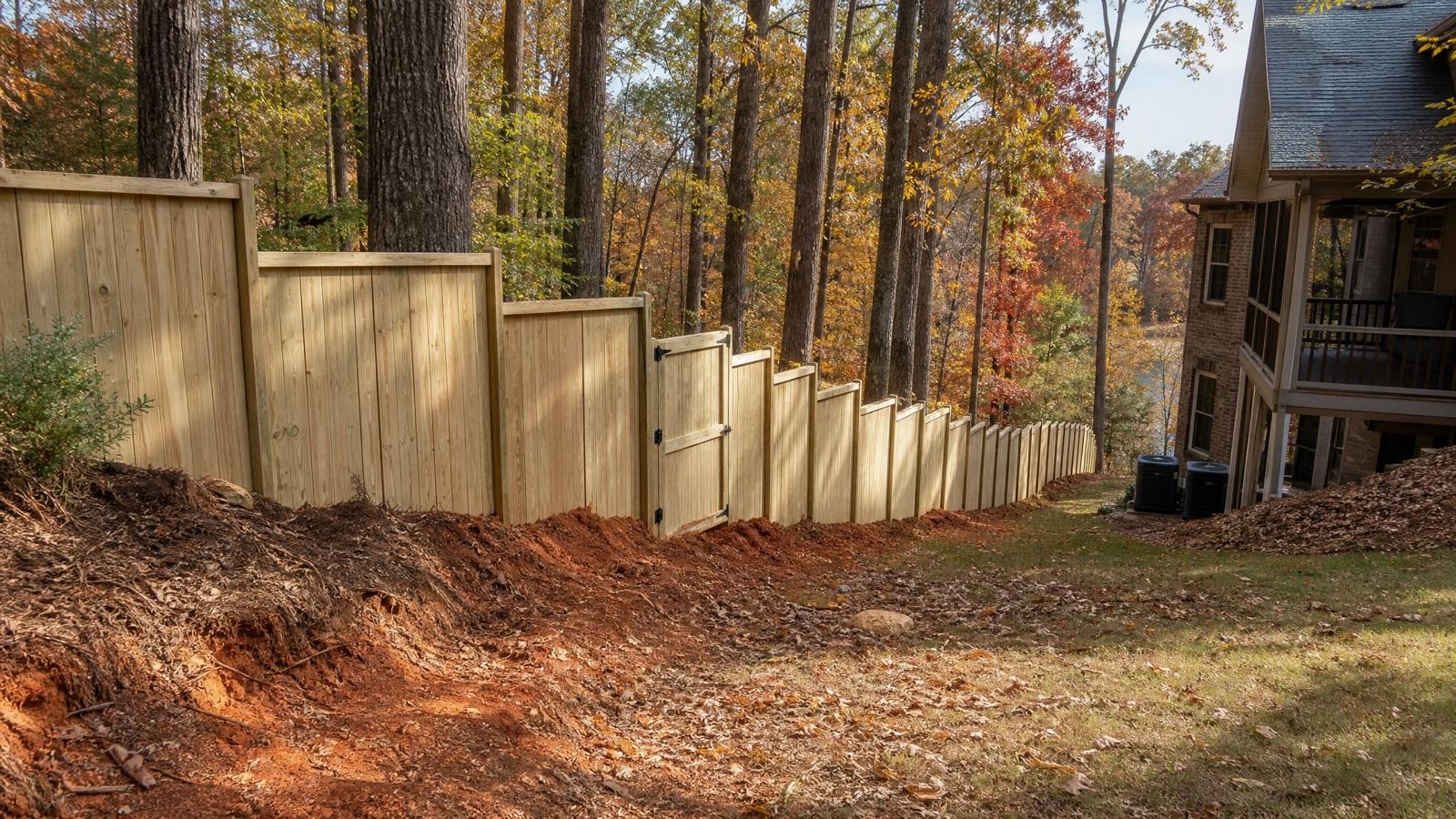 Wood privacy fence stepping down a steep wooded slope with exposed Georgia clay, showing how terrain affects fence installation cost