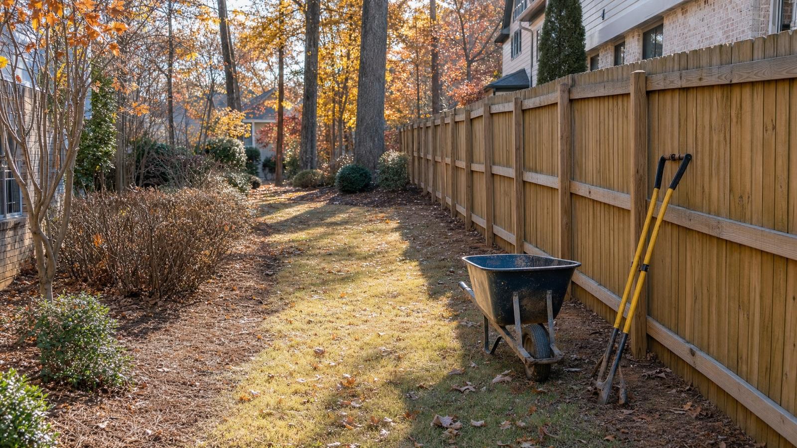 Dormant planting beds and fallen leaves giving a fence crew clear access along a wood privacy fence line in autumn