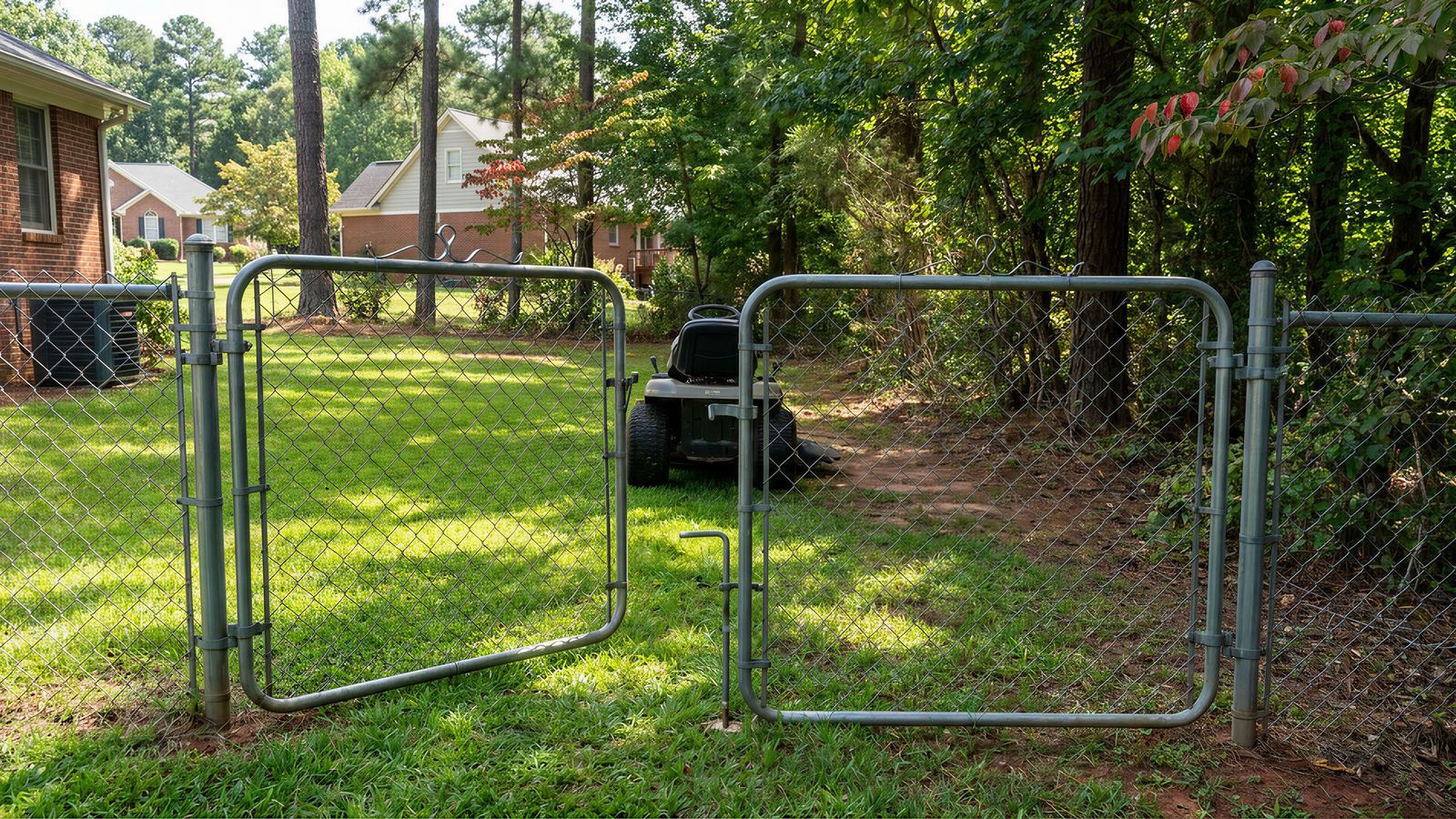 A galvanized chain link double gate open onto a grass service access with a riding mower beyond