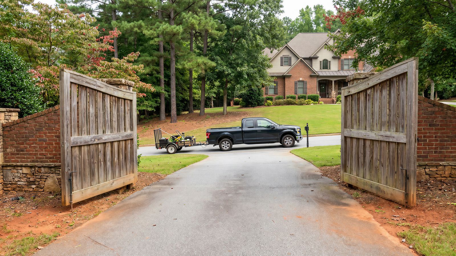 A wide double driveway gate standing open as a pickup truck and utility trailer approach the opening