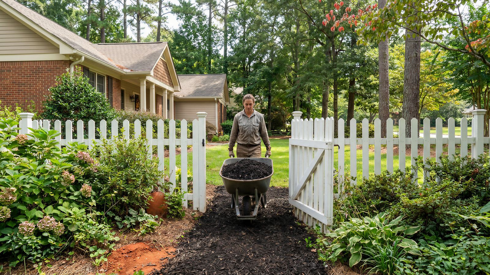 A homeowner pushing a wheelbarrow through an open garden gate in a white picket fence