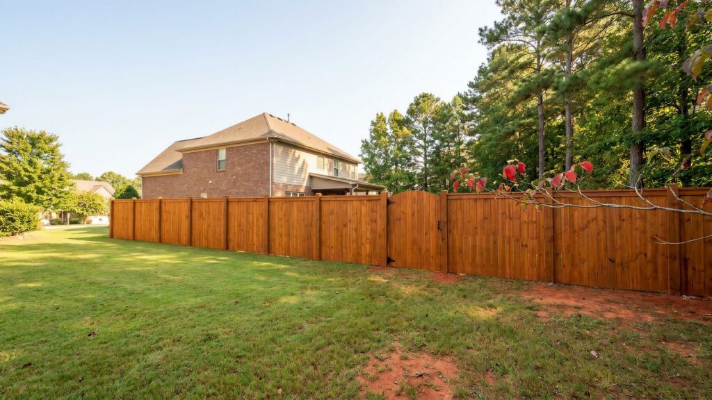 A newly built stained wood privacy fence with a matching single pedestrian gate enclosing a North Georgia back yard