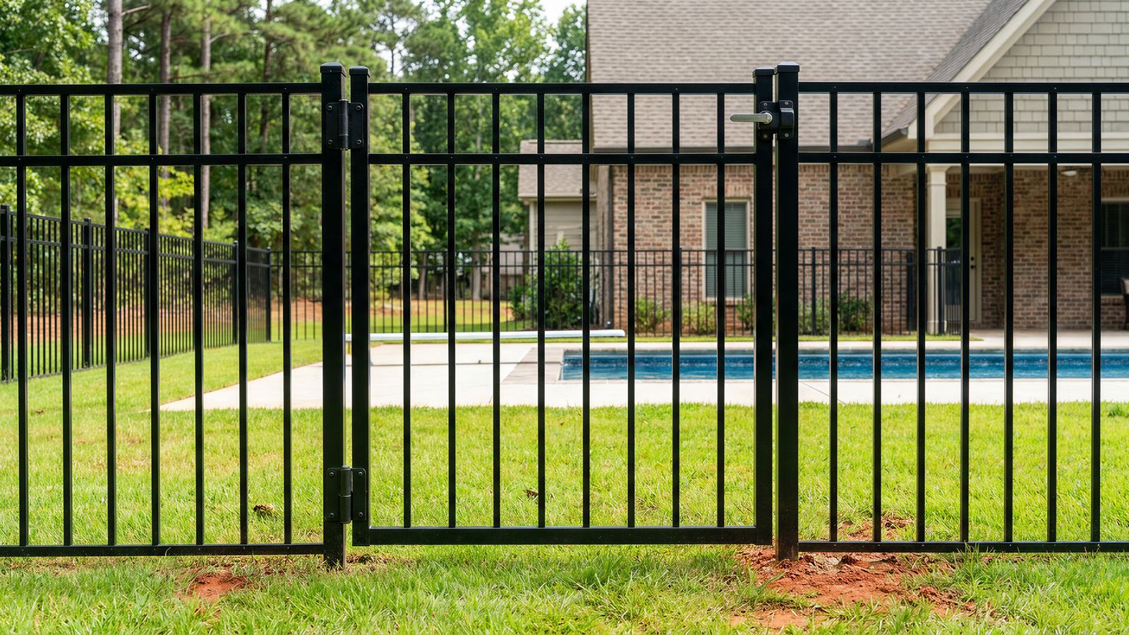 A black ornamental aluminum pool gate with hinges and a latch mounted high on the pool side