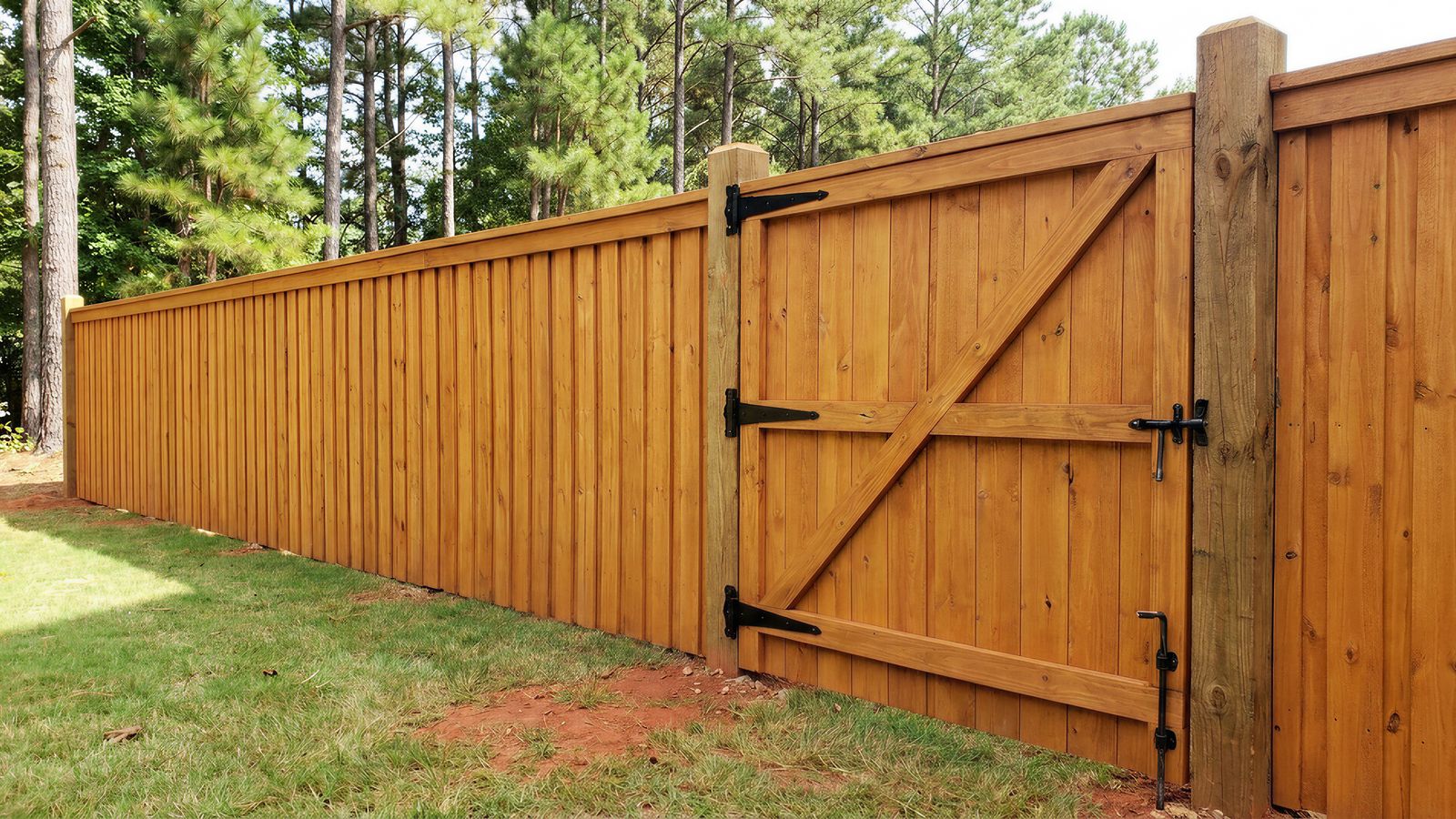 A solid board-on-board wood privacy gate with diagonal bracing, heavy strap hinges and a drop-rod latch