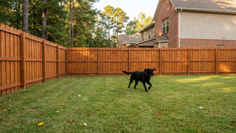 Black Labrador running across a back yard enclosed by a tall stained-cedar wood privacy fence in early fall