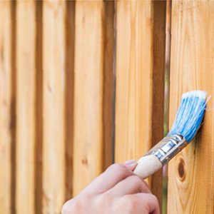 Using a brush to stain a wooden fence